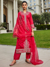 Pink Embroidered Straight Kurta Trousers With Dupatta Set